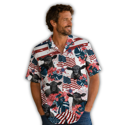 Black Angus American Flag Hawaiian Shirt, Cow Patriotic Hawaiian Shirt HE0895