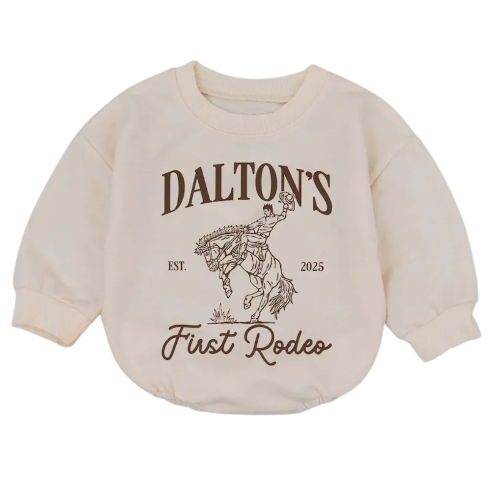 Custom Baby Name First Rodeo Romper Sweater, Personalized Western Baby Romper Sweatshirt BB0242