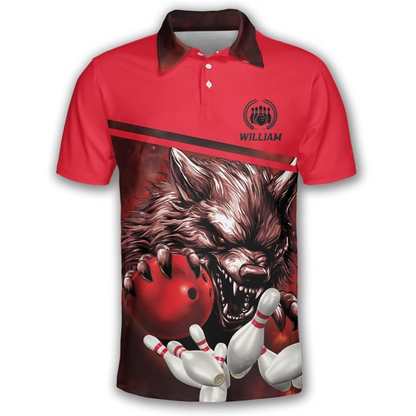 Wolf Custom Blue Bowling Polo Shirt For Men, Custom Wolf Bowling Team Shirts BZ0198