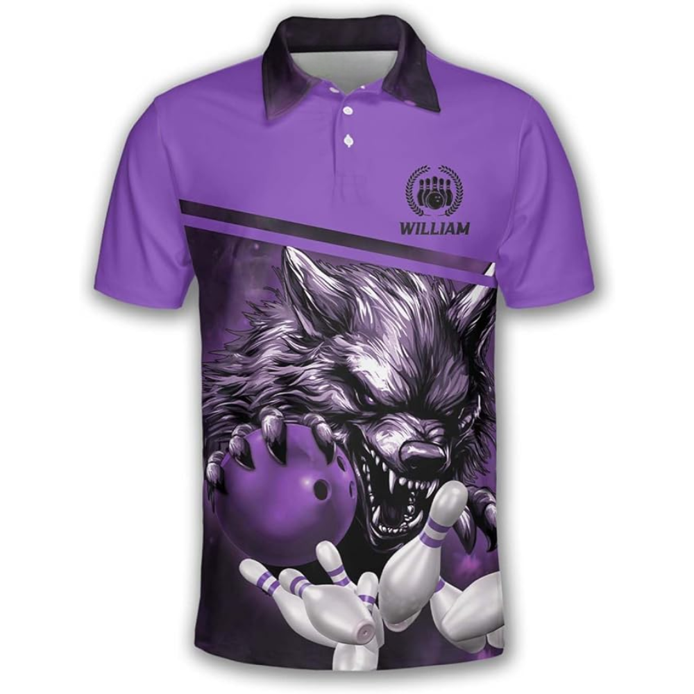 Wolf Custom Blue Bowling Polo Shirt For Men, Custom Wolf Bowling Team Shirts BZ0198