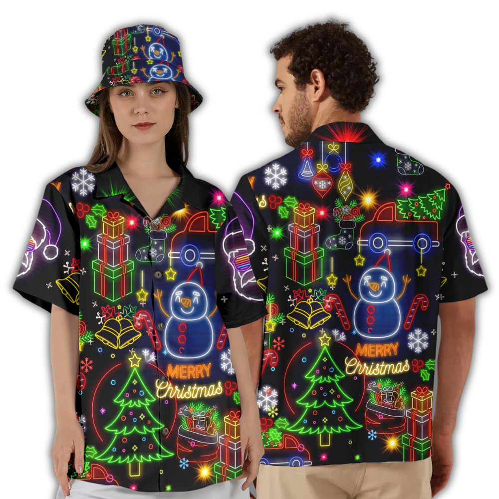 Neon Christmas Hawaiian Shirt For Men Women, Christmas Hawaiian Shirt Black HE0872
