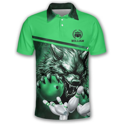 Wolf Custom Blue Bowling Polo Shirt For Men, Custom Wolf Bowling Team Shirts BZ0198