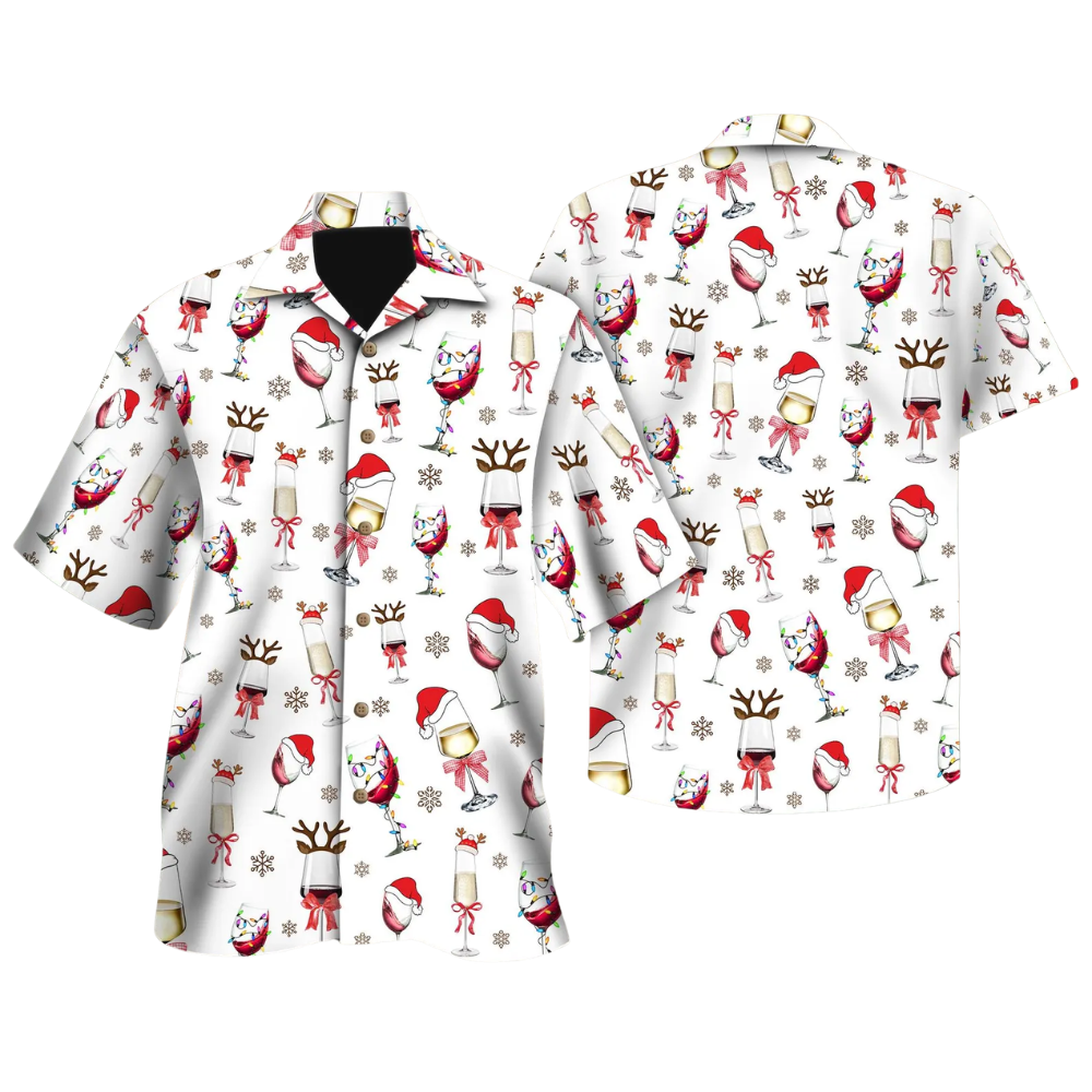 Wine Glass Christmas Hat Hawaiian Shirt, Wine Lover Hawaiian Shirt For Christmas HE0875