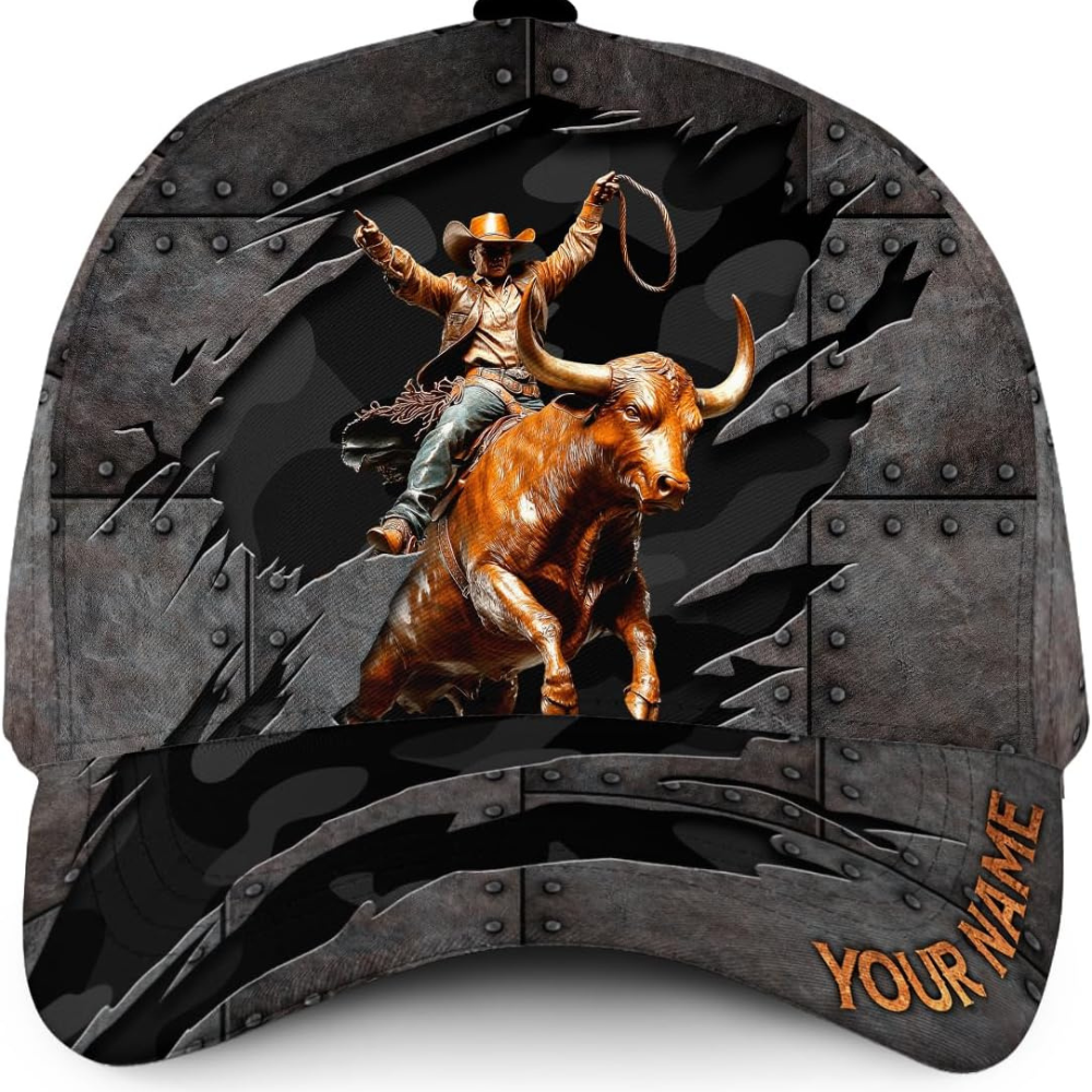 Bull Riding Custom Cowboy Baseball Cap 3D Printed, Custom Bull Riding Hat CP0561