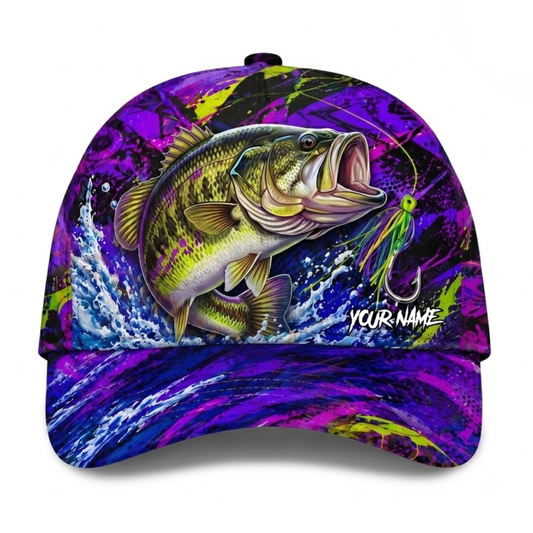Custom Largemouth Bass Neon Purple Baseball Cap, Custom Fishing Lover 3D Printed Cap CP0757