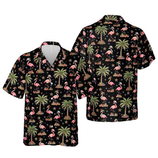 Flamingo Christmas Tropical Hawaiian Shirt Black, Christmas Flamingo Hawaiian Shirt HE0879