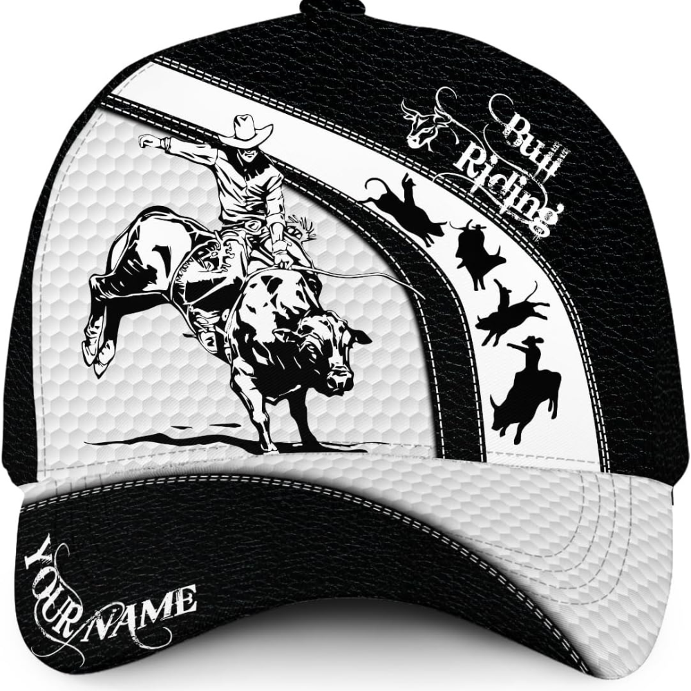 Custom Name Bull Riding Cowboy Baseball Cap Black White, Custom Western Bull Riding Cap Hat CP0562