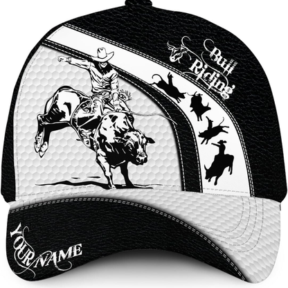 Custom Name Bull Riding Cowboy Baseball Cap Black White, Custom Western Bull Riding Cap Hat CP0562