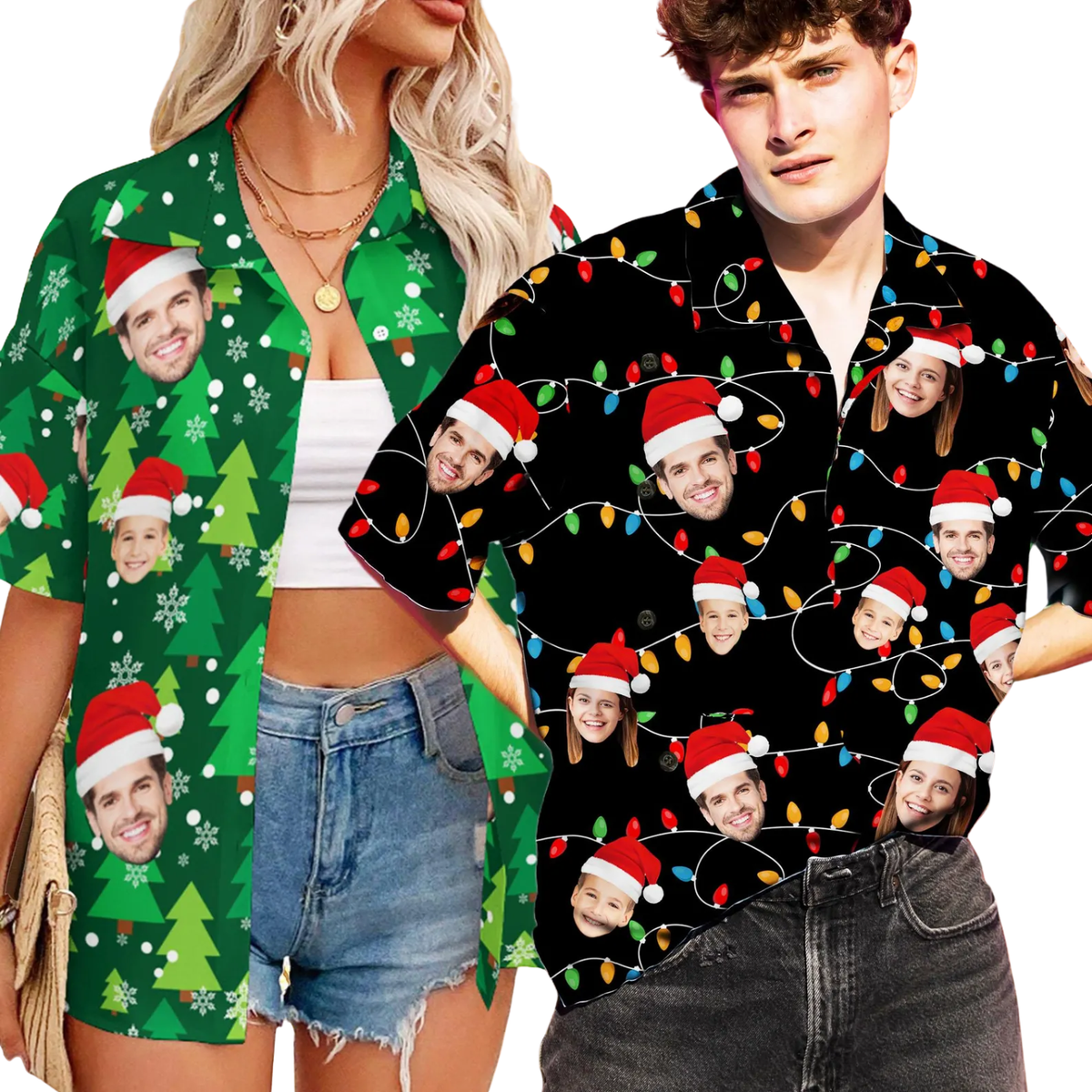 Custom Faces Christmas Light Hawaiian Shirt For Men Women, Custom Photo Christmas Hawaiian Shirt HE0842