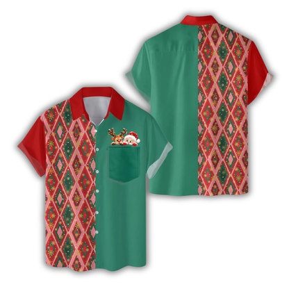 Santa Reindeer Pocket Argyle Hawaiian Shirt Green And Red, Christmas Retro Hawaiian Shirt HE0883
