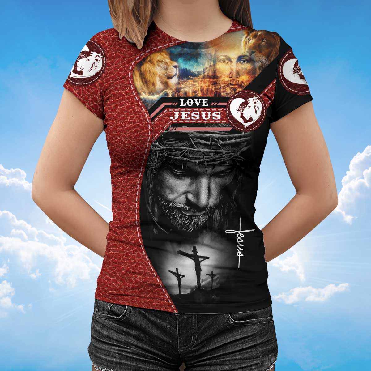 3D All Over Print Love Jesus Tee Shirt Men Women Red Leather Pattern TO1425