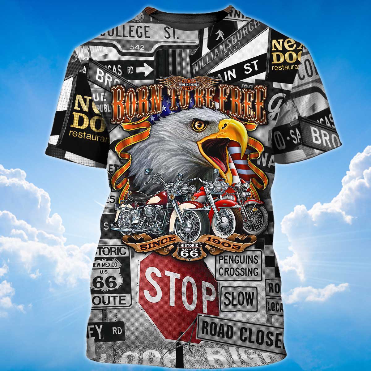 Funny Eagle Lover T Shirt Born To Be Free Eagle And Bike 3D Unisex Shirt TO1392