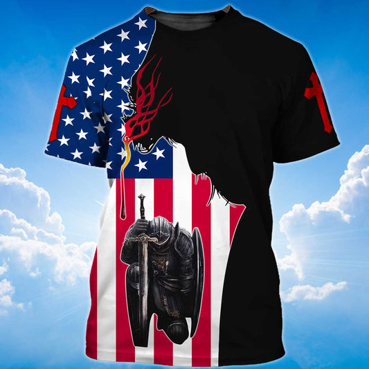 One Nation Under God Tshirt American Flag Knight Jesus Christian Tshirt TO1476