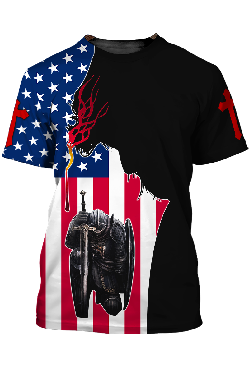 One Nation Under God Tshirt American Flag Knight Jesus Christian Tshirt TO1476