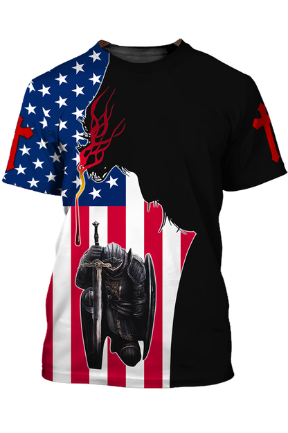One Nation Under God Tshirt American Flag Knight Jesus Christian Tshirt TO1476