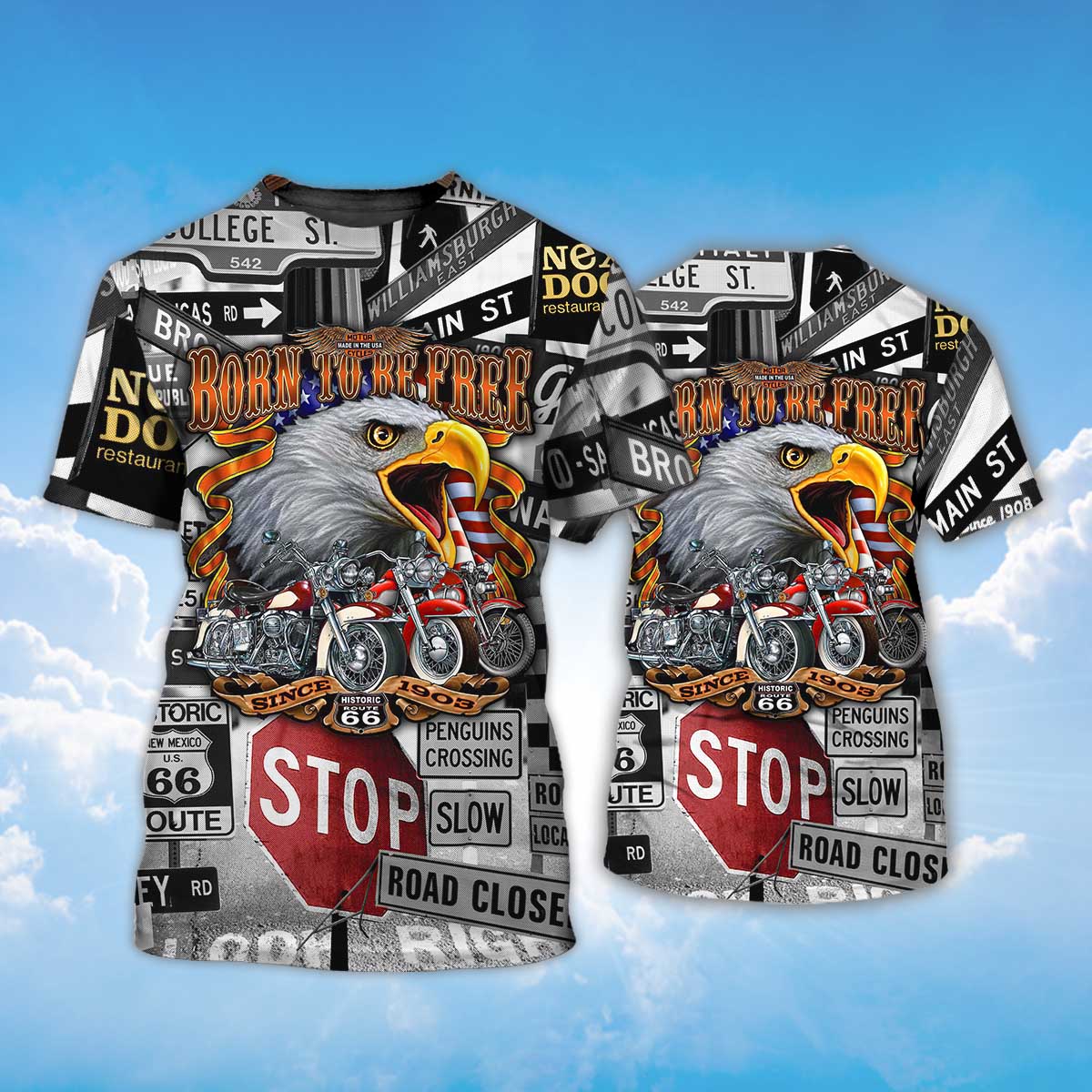 Funny Eagle Lover T Shirt Born To Be Free Eagle And Bike 3D Unisex Shirt TO1392