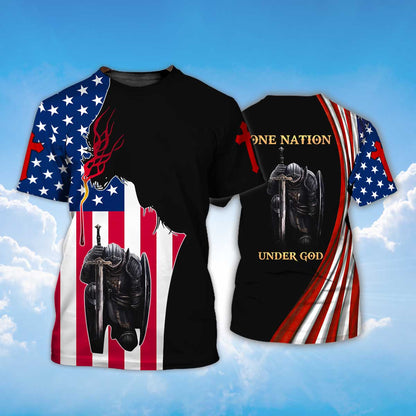 One Nation Under God Tshirt American Flag Knight Jesus Christian Tshirt TO1476