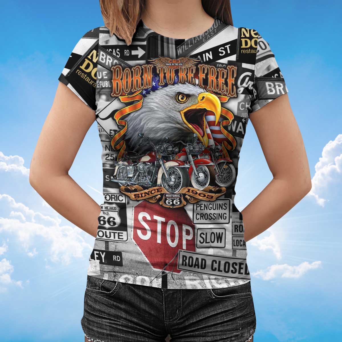 Funny Eagle Lover T Shirt Born To Be Free Eagle And Bike 3D Unisex Shirt TO1392