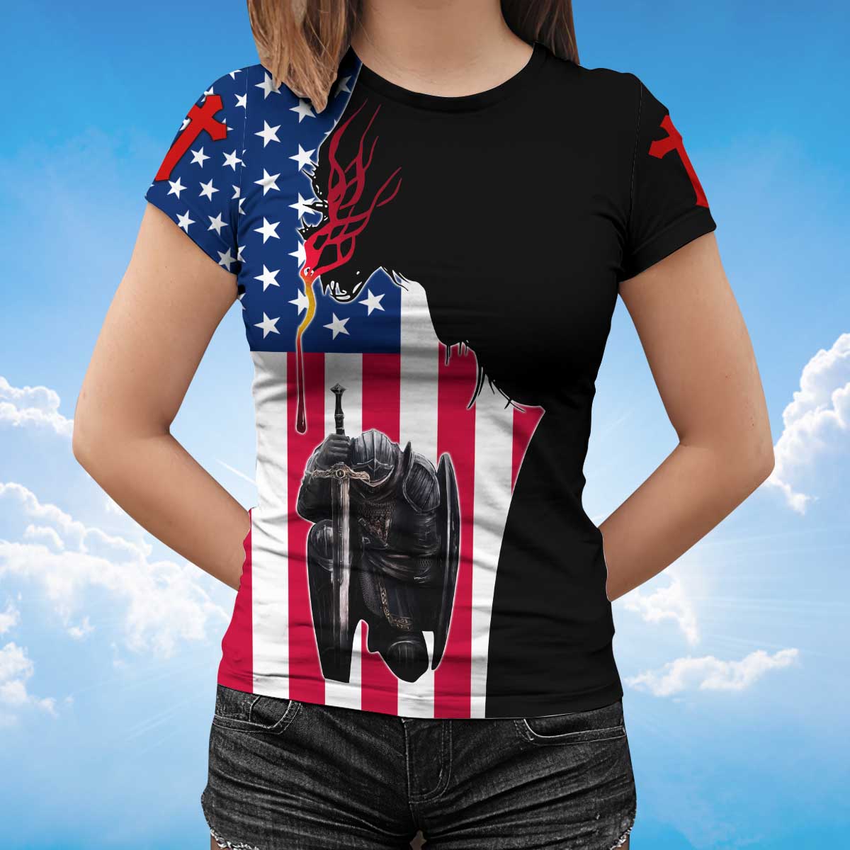 One Nation Under God Tshirt American Flag Knight Jesus Christian Tshirt TO1476