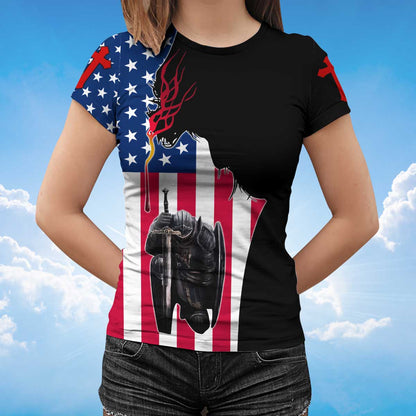 One Nation Under God Tshirt American Flag Knight Jesus Christian Tshirt TO1476