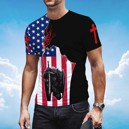 One Nation Under God Tshirt American Flag Knight Jesus Christian Tshirt TO1476