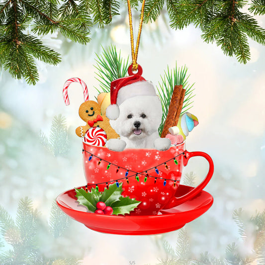 WHITE Bichon Frise In Cup Merry Christmas Ornament Flat Acrylic Dog Ornament OO1897