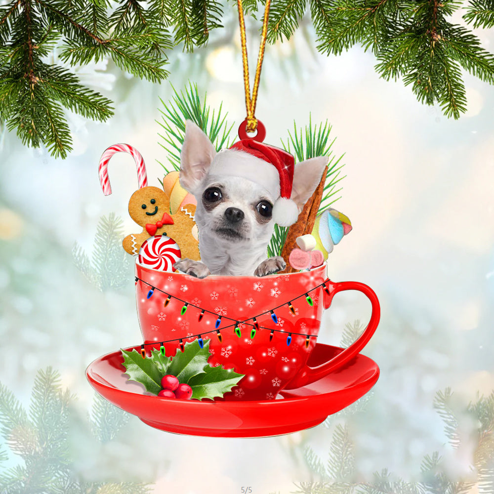 WHITE Chihuahua In Cup Merry Christmas Ornament Flat Acrylic Dog Ornament OO1926