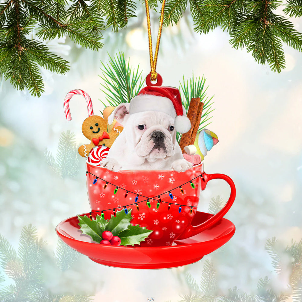 WHITE English Bulldog In Cup Merry Christmas Ornament Flat Acrylic Dog Ornament OO1898