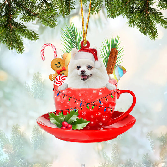WHITE Pomeranian In Cup Merry Christmas Ornament Flat Acrylic Dog Ornament OO1855