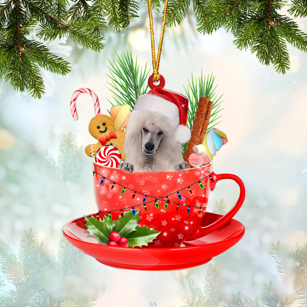 WHITE Standard Poodle In Cup Merry Christmas Ornament Flat Acrylic Dog Ornament OO1886