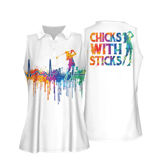 Watercolor Golf Heart Beat Chicks With Sticks Women Sleeveless Polo Shirt, Golf shirt, Gift for golf player SO0672