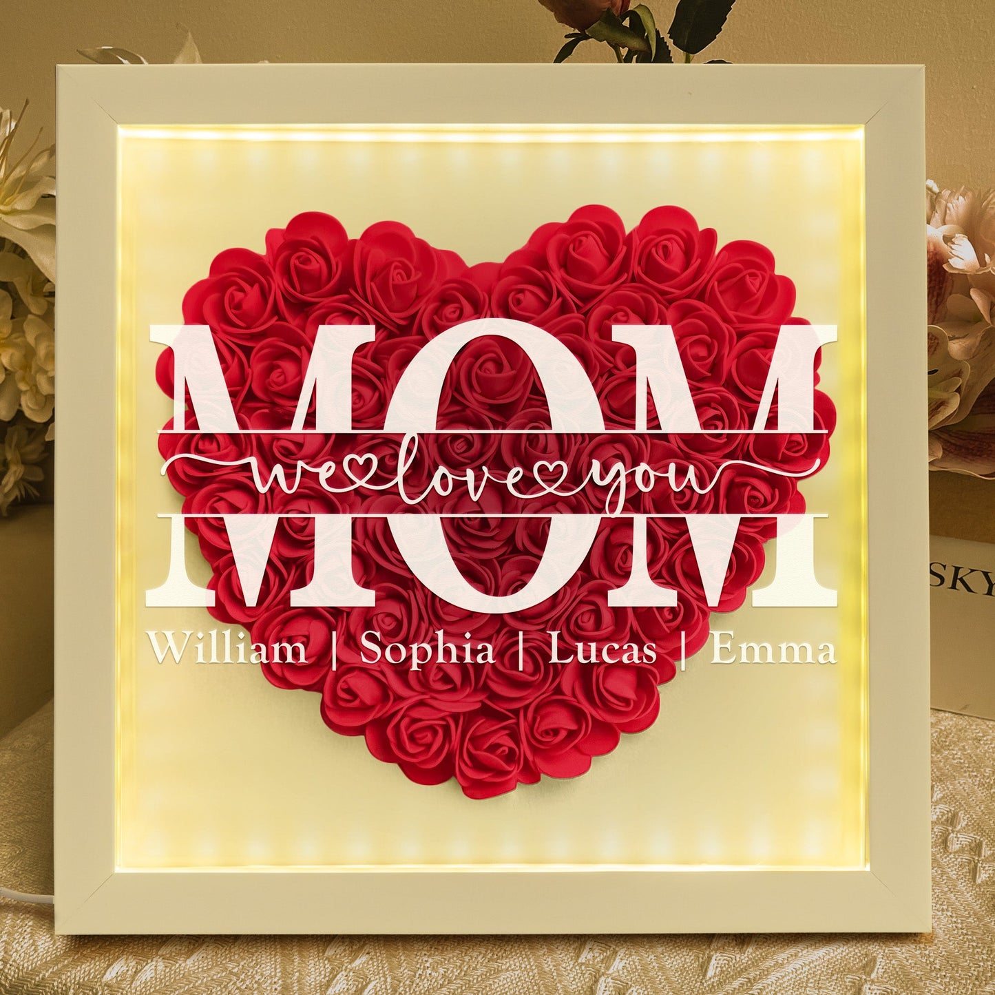 We Love You Mom Personalized Flower Shadow Box With LED Light, Custom Mom Heart Shaped Monogram Flower Shadow Box With Kids Names TD0027