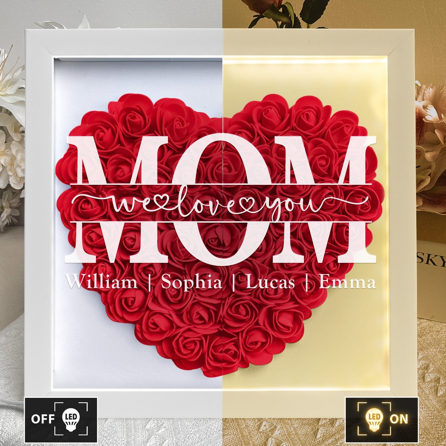 We Love You Mom Personalized Flower Shadow Box With LED Light, Custom Mom Heart Shaped Monogram Flower Shadow Box With Kids Names TD0027