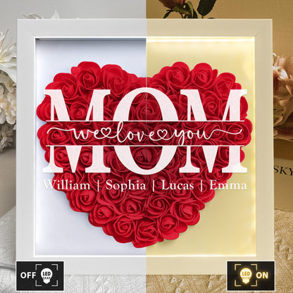 We Love You Mom Personalized Flower Shadow Box With LED Light, Custom Mom Heart Shaped Monogram Flower Shadow Box With Kids Names TD0027