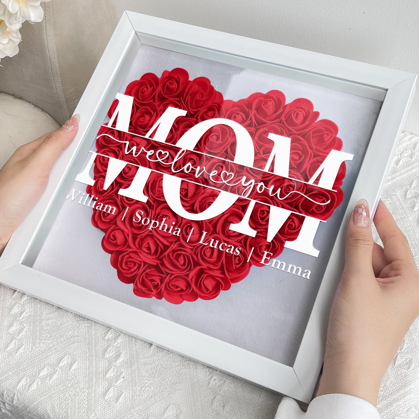 We Love You Mom Personalized Flower Shadow Box With LED Light, Custom Mom Heart Shaped Monogram Flower Shadow Box With Kids Names TD0027