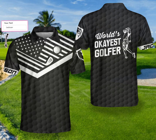 World's Okayest Golfer Custom Polo Shirt, Personalized Black American Flag Golf Shirt For Men SO1413