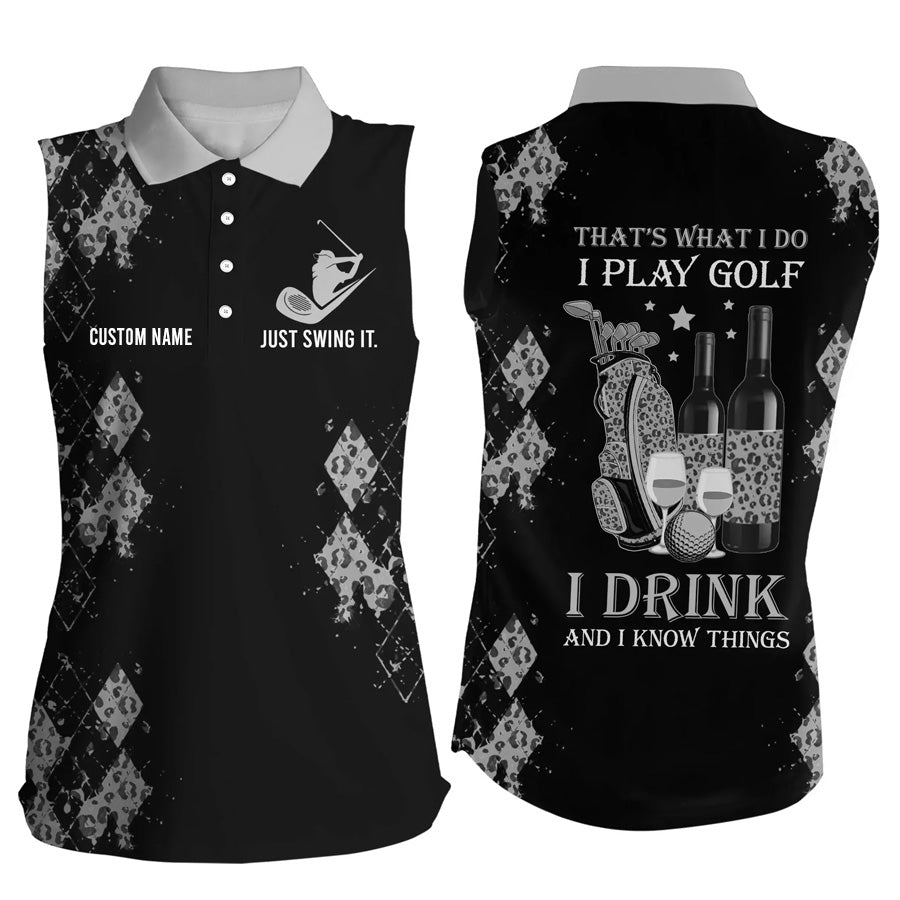 Personalized leopard Women sleeveless polo shirt multicolor, funny golf wine That's what I do, I play golf drink SO1345