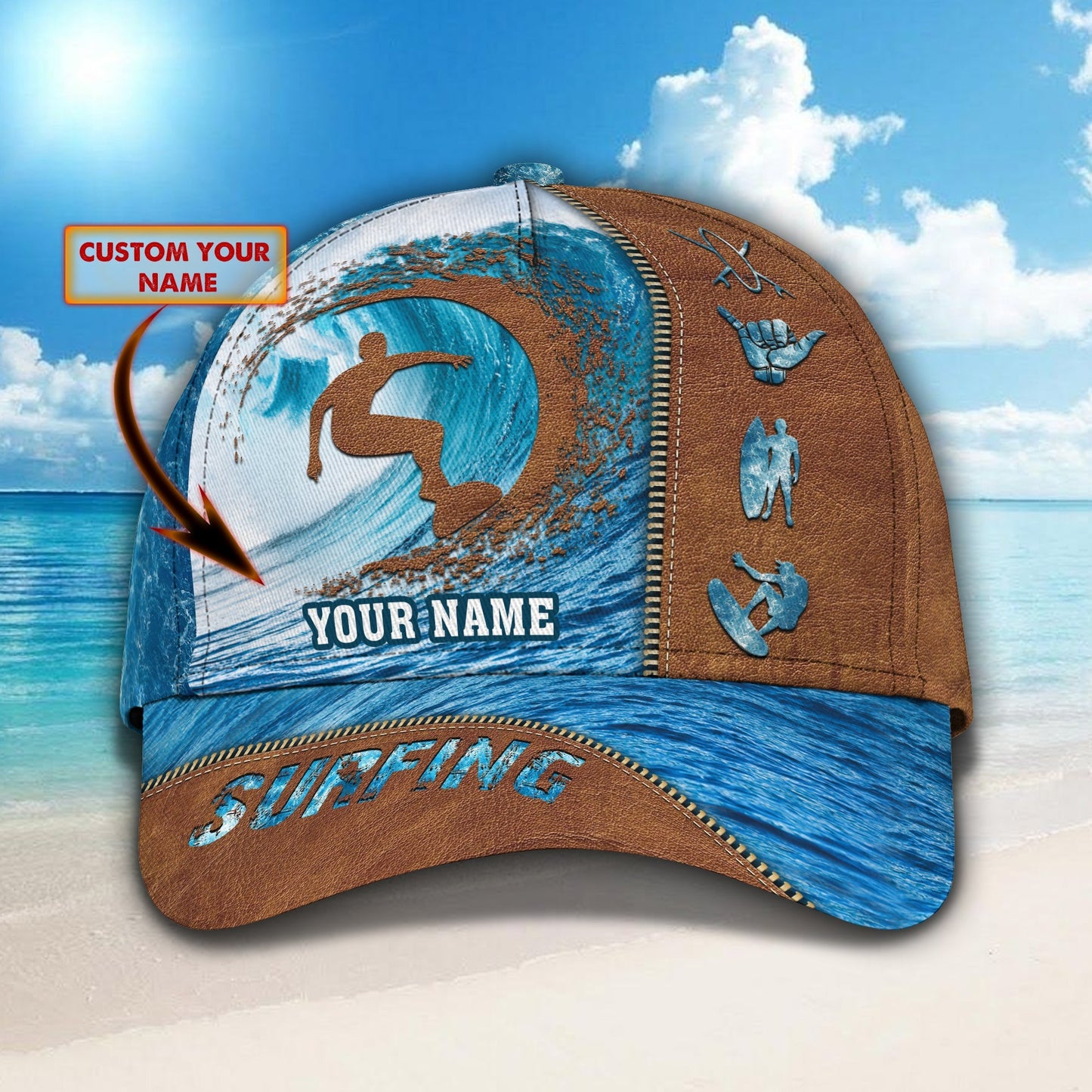 3D Classic Cap Surfing Personalized Name Cap Lasfour CA0894