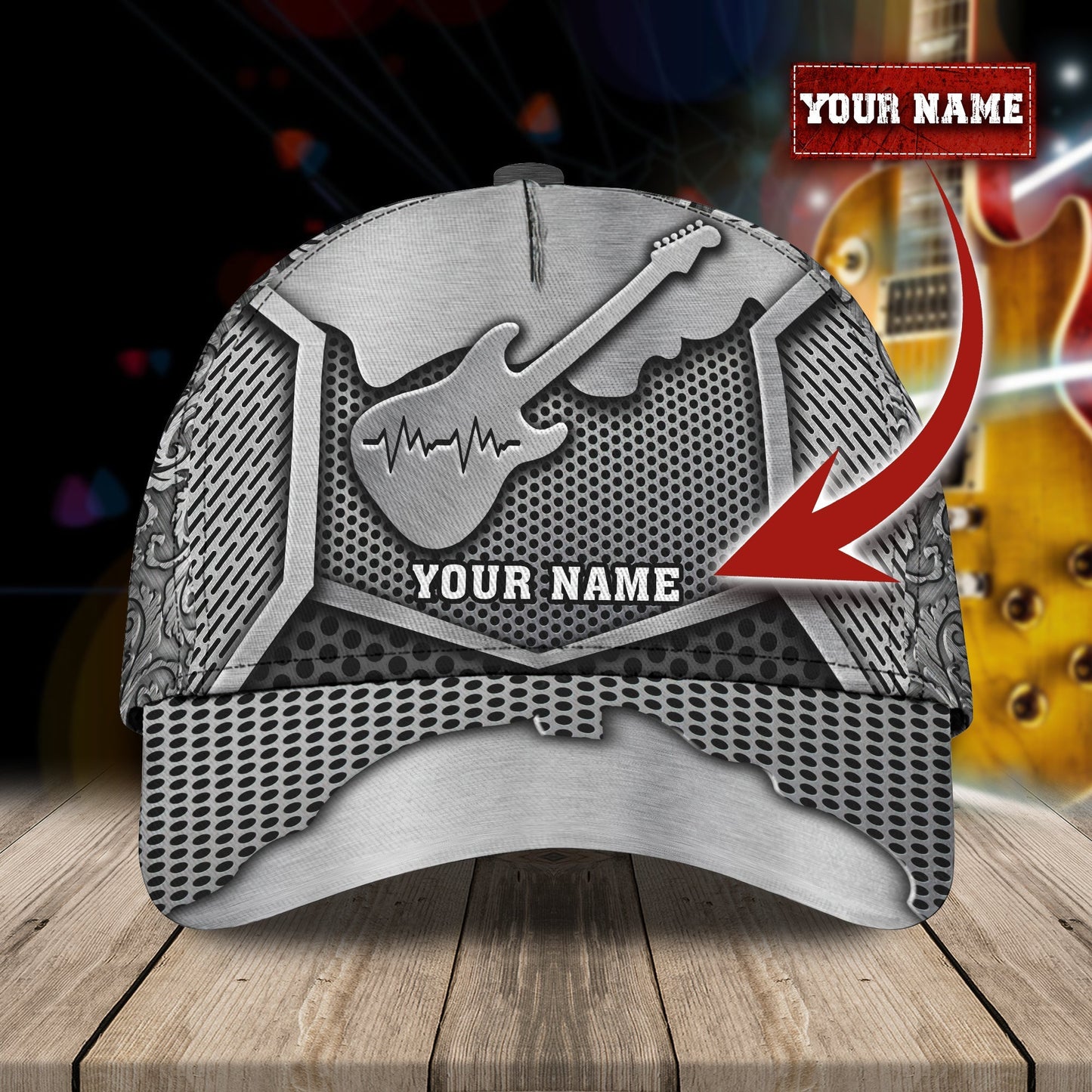 3D Classic Cap Guitar Personalized Name Cap Silver Lasfour CA0747