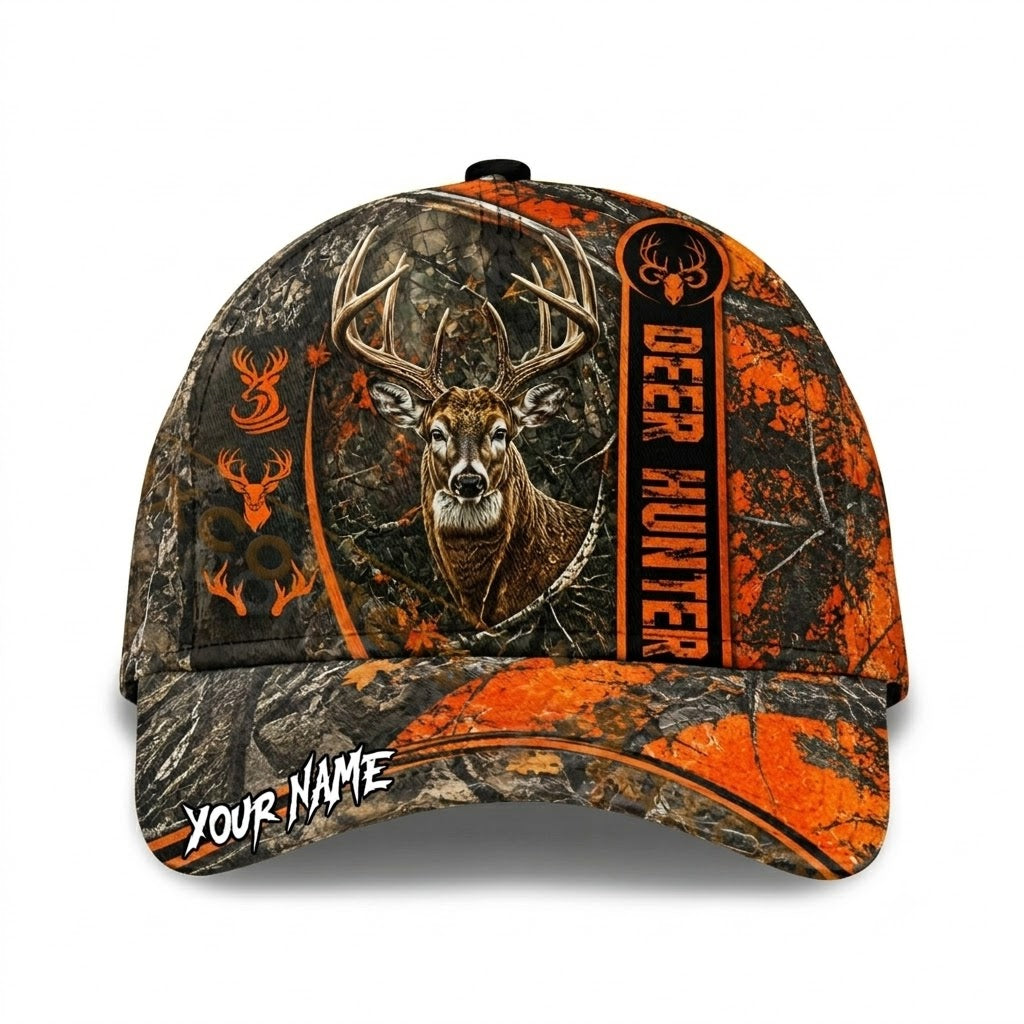 Deer Hunting Personalized Camo Orange Black Baseball Cap, Custom Deer Hunter Cap Hat CP0741