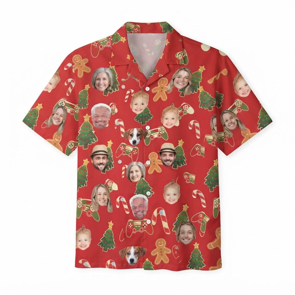 Custom Family Faces Christmas Hawaiian Shirt For Men Women, Custom Christmas Hawaiian Shirt With Photo HE0838