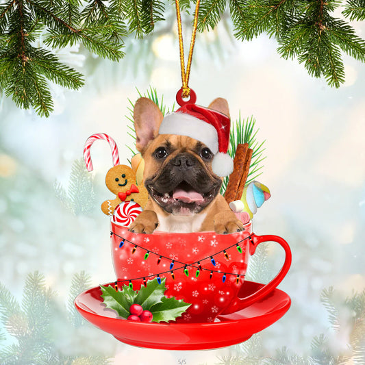 Brown French Bulldog In Cup Merry Christmas Ornament Flat Acrylic Dog Ornament OO1893