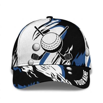 Custom Golf Black White Blue Baseball Cap, Custom Name Golf Player Hat CP0737