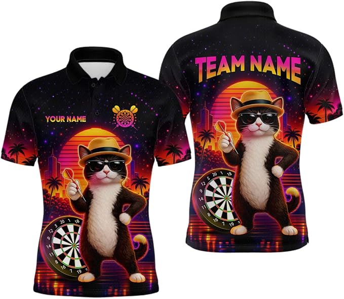 Custom Cat Funny Dart Polo Shirt For Men, Custom Cat Darts Team Shirt DZ0180