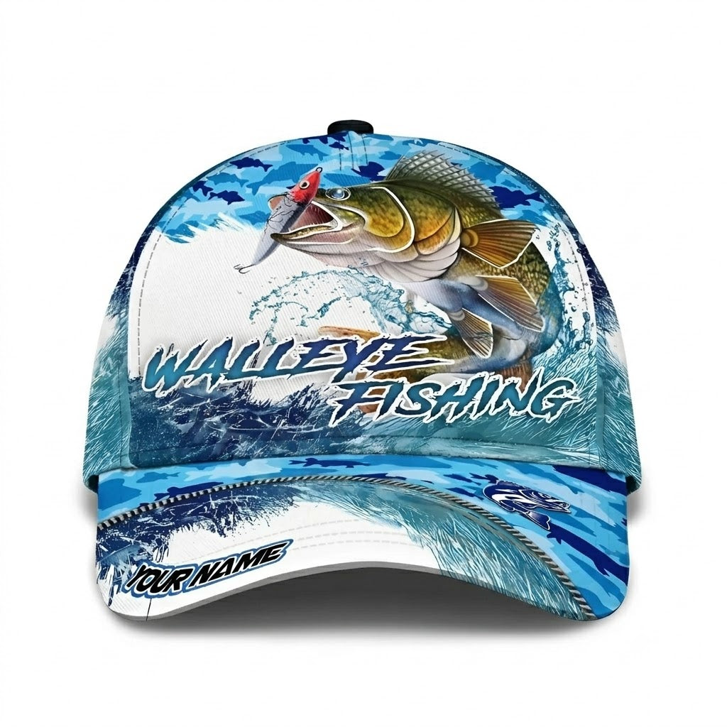 Custom Walleye Fishing Blue Wave Baseball 3D Cap, Custom Fishing Lover Cap Hat CP0728