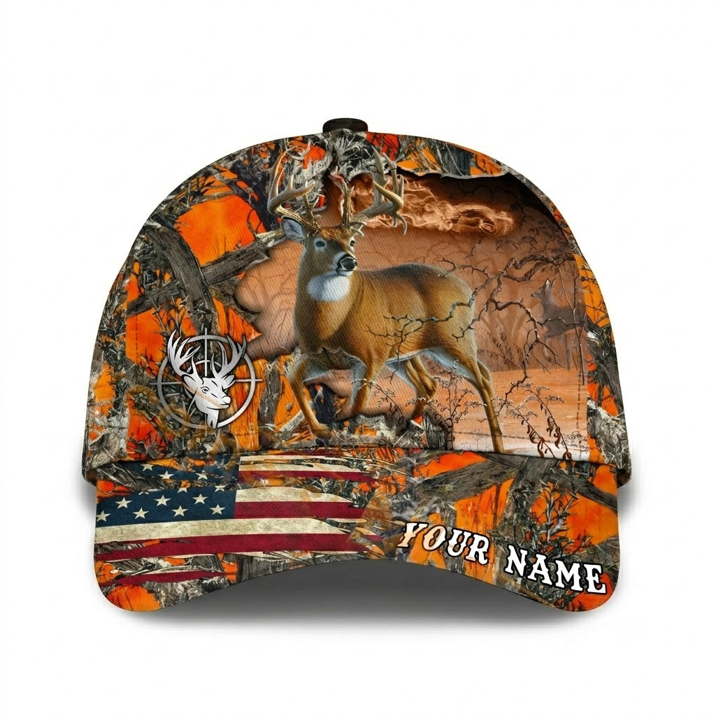Custom Deer Camo USA Flag Basball Cap 3D Printed, Custom Deer Hunting Cap Hat CP0722