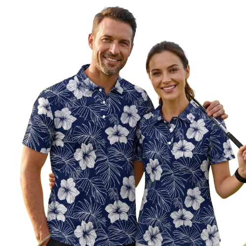 Hibiscus Navy Matching Men And Women Golf Polo Shirt, Floral Couple Matching Golf Shirts GE0488