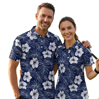 Hibiscus Navy Matching Men And Women Golf Polo Shirt, Floral Couple Matching Golf Shirts GE0488