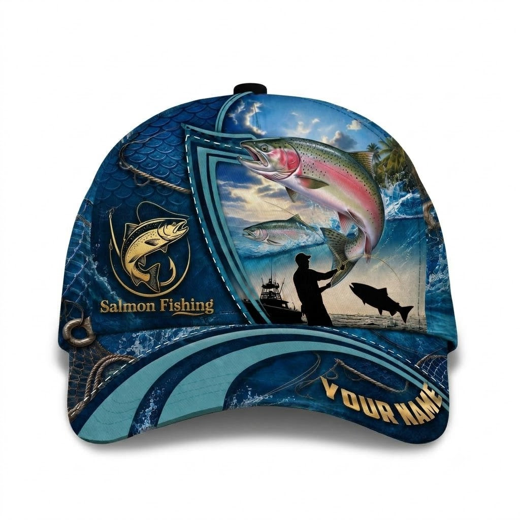 Salmon Fishing Custom Name 3D Baseball Cap, Personalized Fishing Lover Cap CP0771