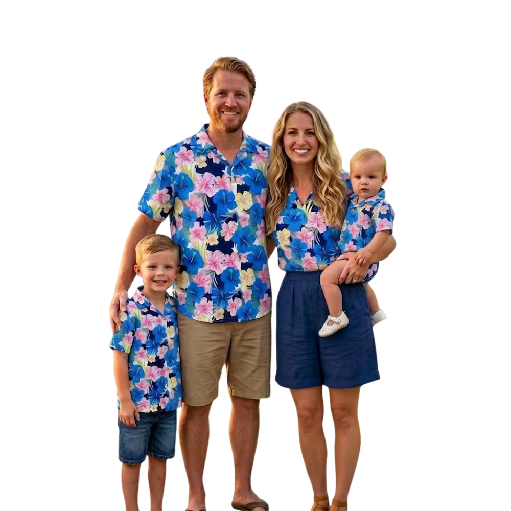 Hibiscus Flower Blue Pink Family Matching Hawaiian Shirt, Floral Hawaiian Family Shirts ET1093